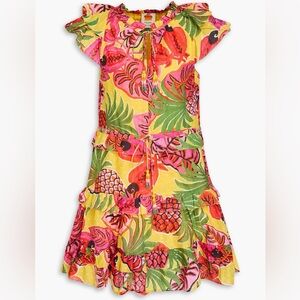 Farm Rio Tropical Printed Mini Dot Dress Ruffle Sleeves and Beaded Ties S Small